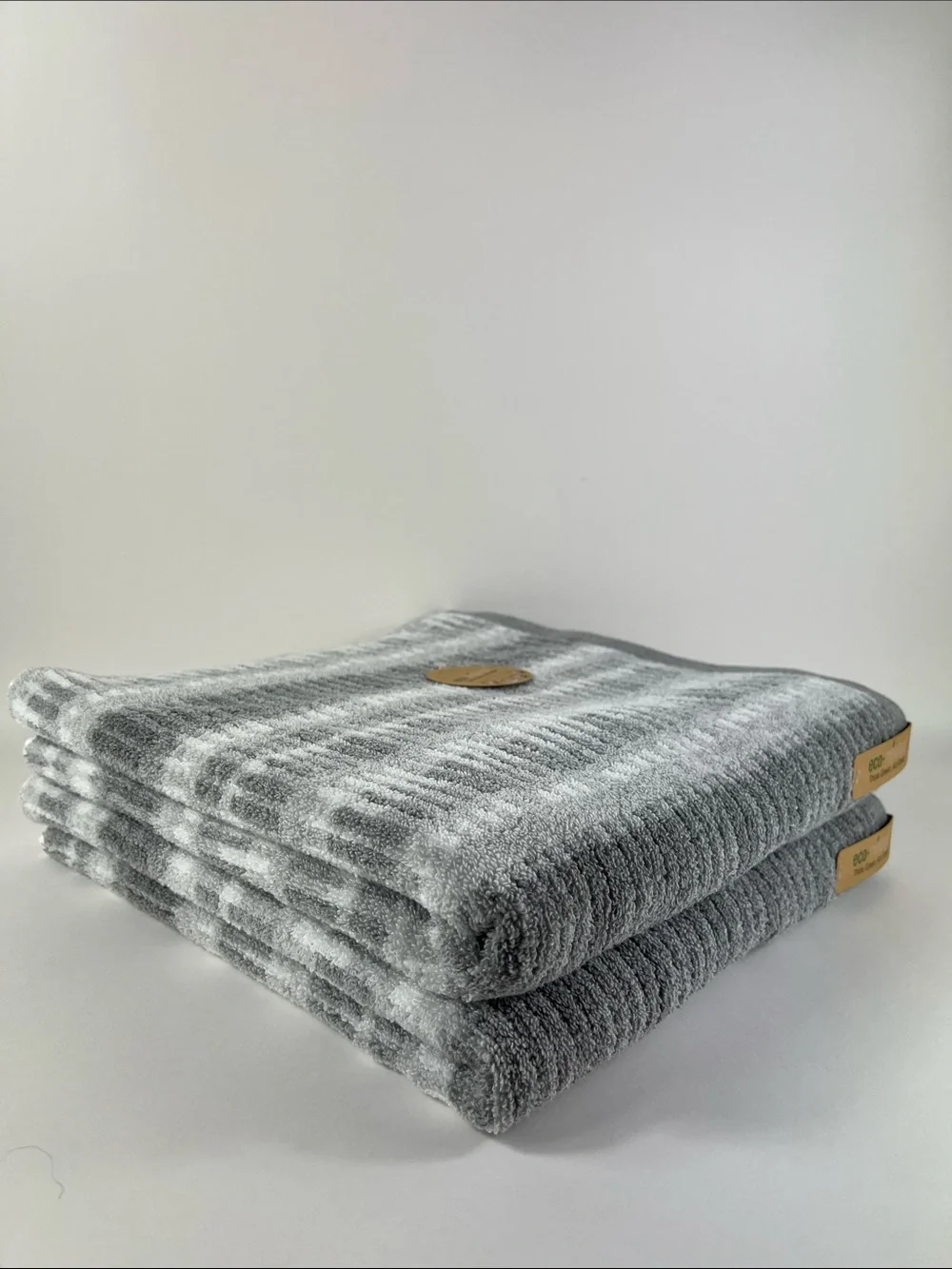 Eco-Mélange Bath Towels Gray White Striped Ribbed Soft Cotton Set of 2 NEW